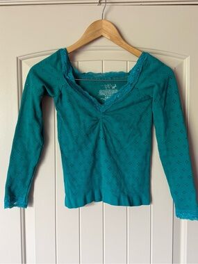 Intimately By Free People Teal Lace Pointelle Long Sleeve Top XS/S